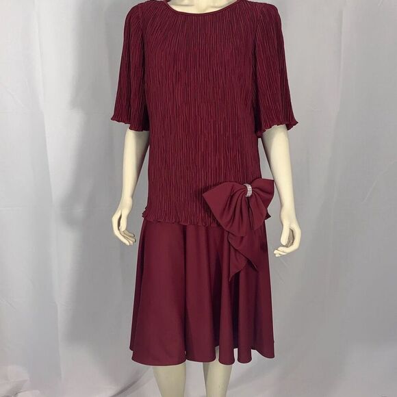 Vintage Burgundy After Dark Drop Waist Large Bow Party Dress Size 10 - Picture 2 of 16